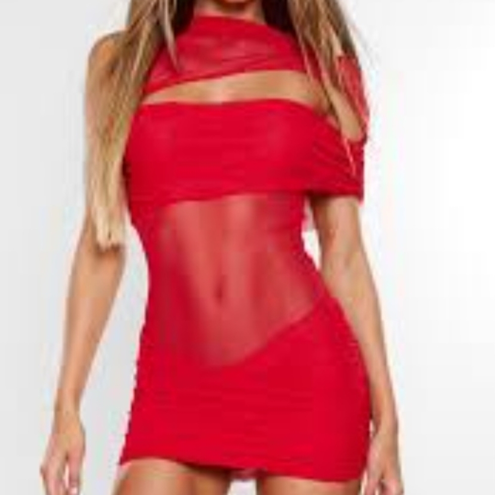 PrettyLittleThing Red Asymmetrical Cut Out Mini Dress